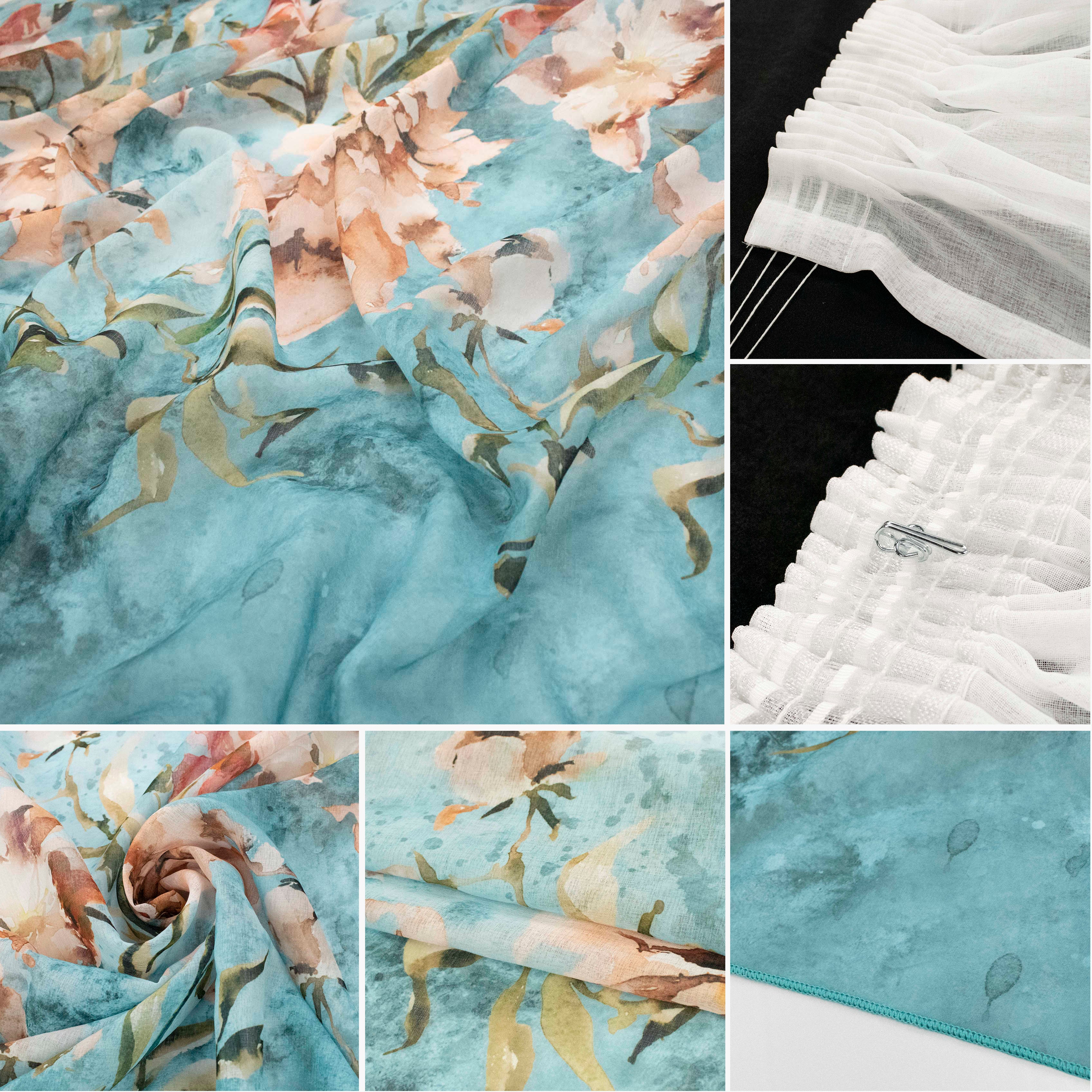 Magnolia Bloom Floral Printed Ready to Hang Sheer Pencil Pleat Curtain