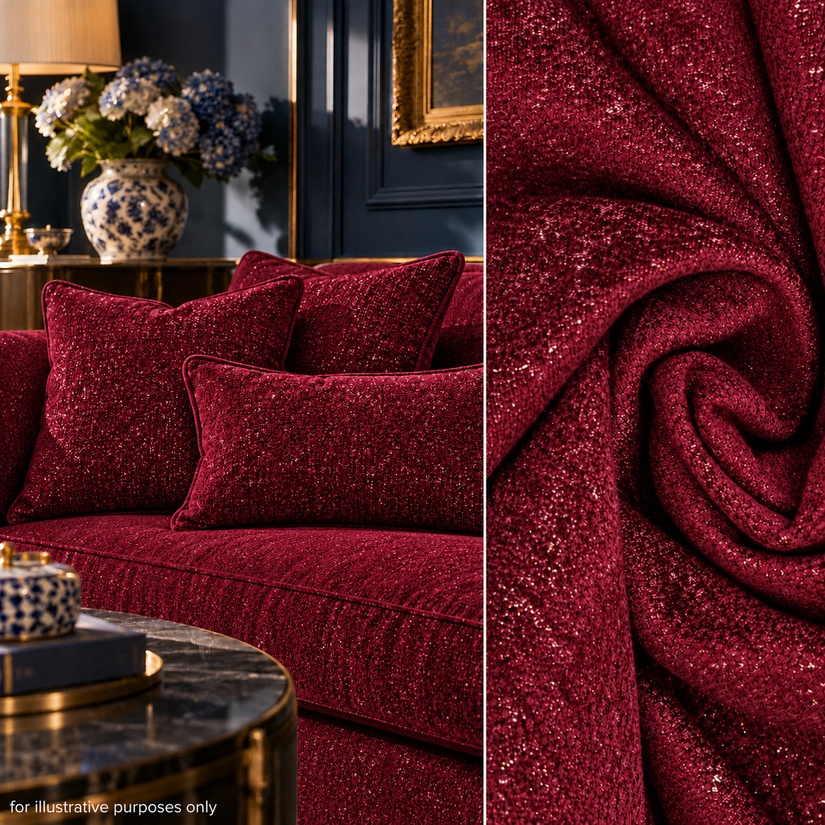 Metallic Lurex Chenille Curtaining & Upholstery Fabric in Maroon
