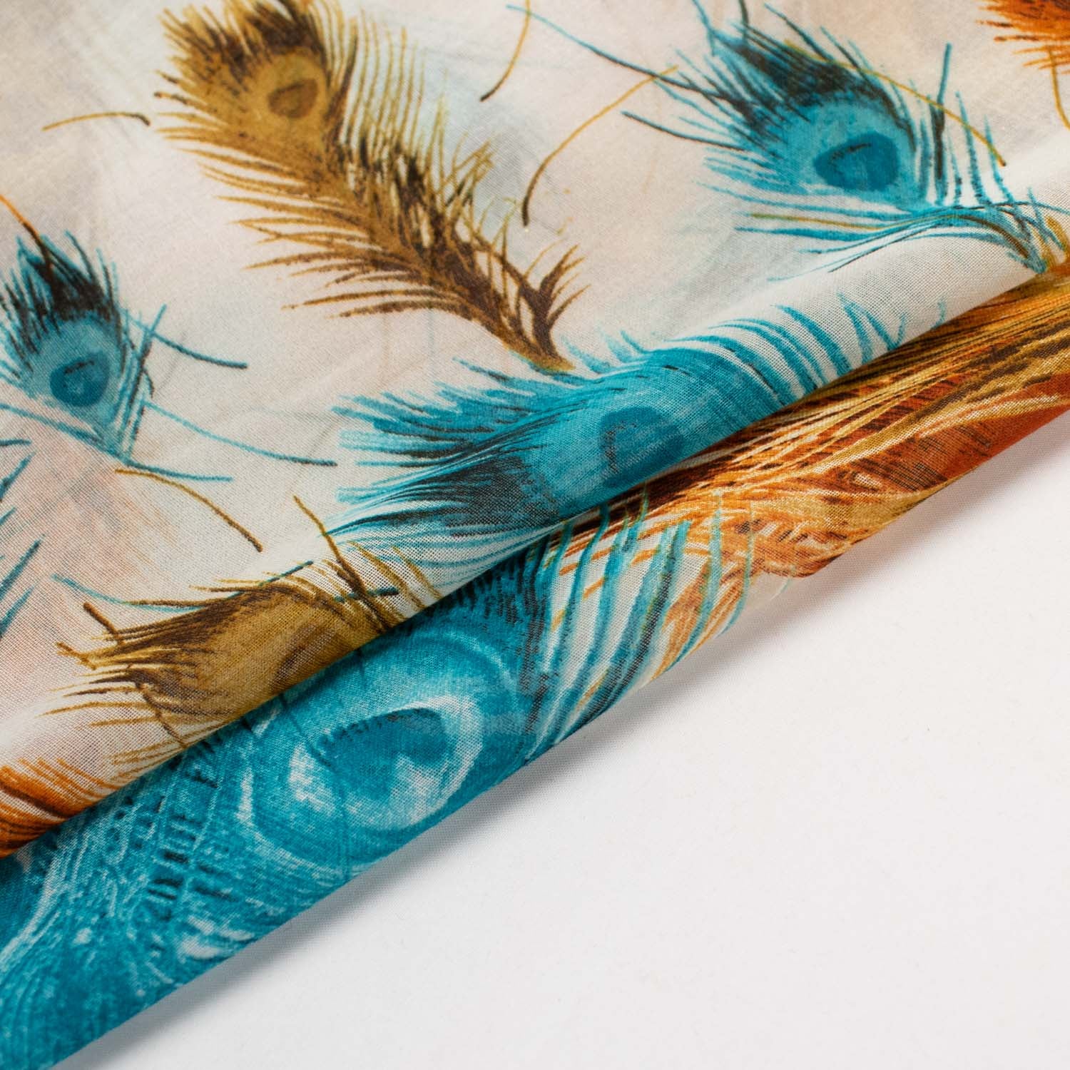 Peacock Printed Cotton Blended Voile Teal & Orange