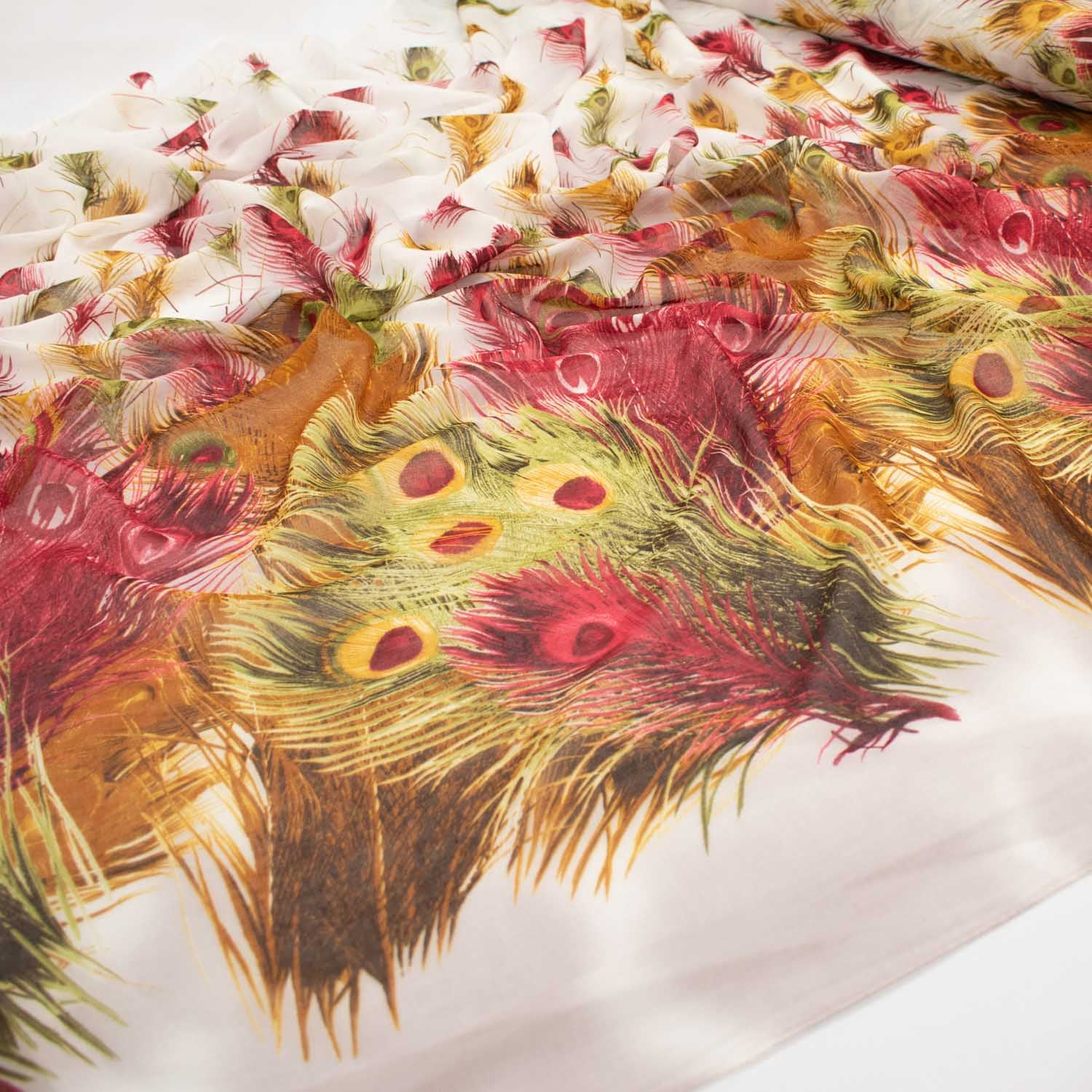 Peacock Printed Cotton Blended Voile Red & Yellow