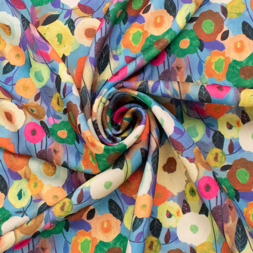 Pearl Silk Crush Digital Prints Design 1 Blue Impressionist Bloom