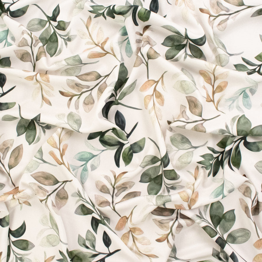 Pearl Silk Crush Digital Prints Design 3 Green Leaves on White