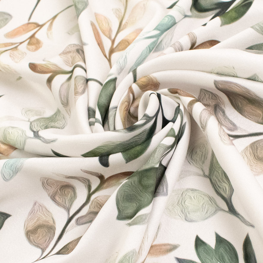 Pearl Silk Crush Digital Prints Design 3 Green Leaves on White