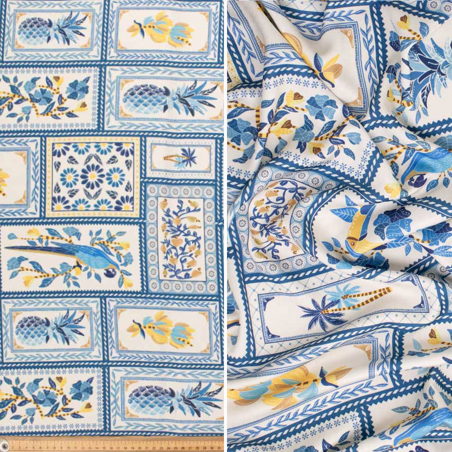 Pearl Silk Crush Digital Prints Design 5 Blue Fruit and Bird Frame Mosaic