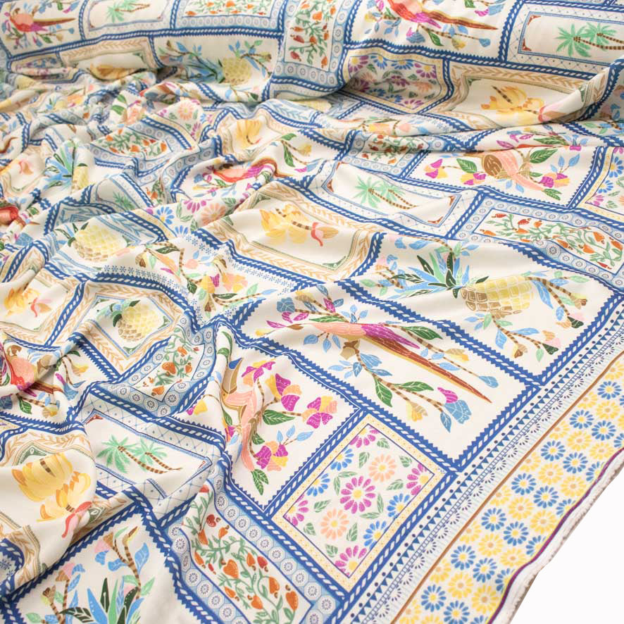 Pearl Silk Crush Digital Prints Design 5 Yellow Fruit and Bird Frame Mosaic