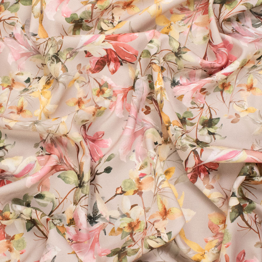 Pearl Silk Crush Digital Prints Design 6 Pink & Yellow Watercolour Floral on Beige