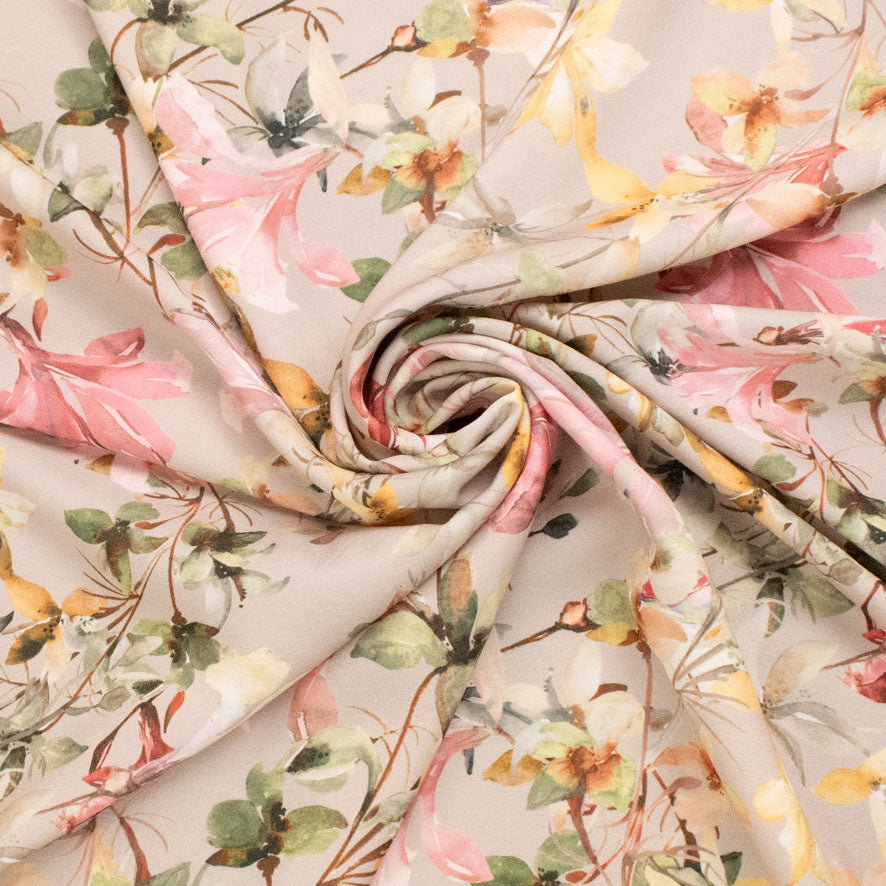 Pearl Silk Crush Digital Prints Design 6 Pink & Yellow Watercolour Floral on Beige