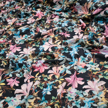 Pearl Silk Crush Digital Prints Design 6 Pink & Blue Watercolour Floral on Black