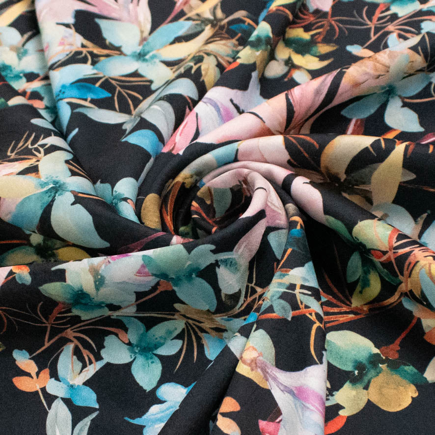 Pearl Silk Crush Digital Prints Design 6 Pink & Blue Watercolour Floral on Black