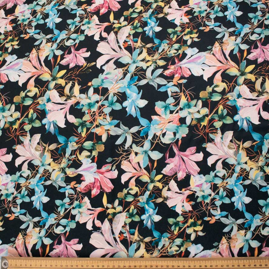 Pearl Silk Crush Digital Prints Design 6 Pink & Blue Watercolour Floral on Black