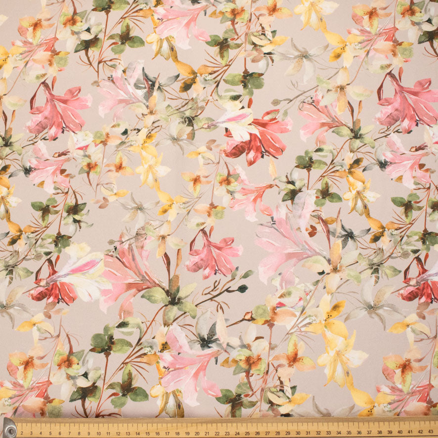 Pearl Silk Crush Digital Prints Design 6 Pink & Yellow Watercolour Floral on Beige