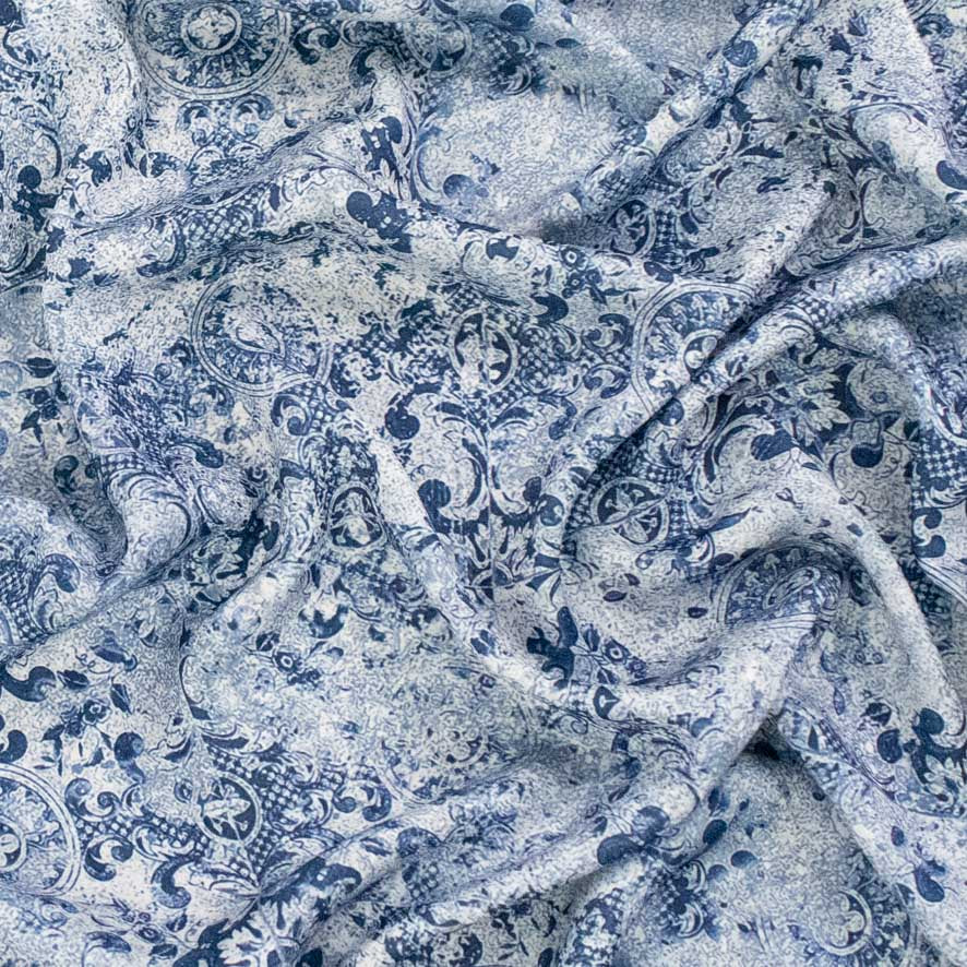 Pearl Silk Crush Digital Prints Design 7 Blue Damask