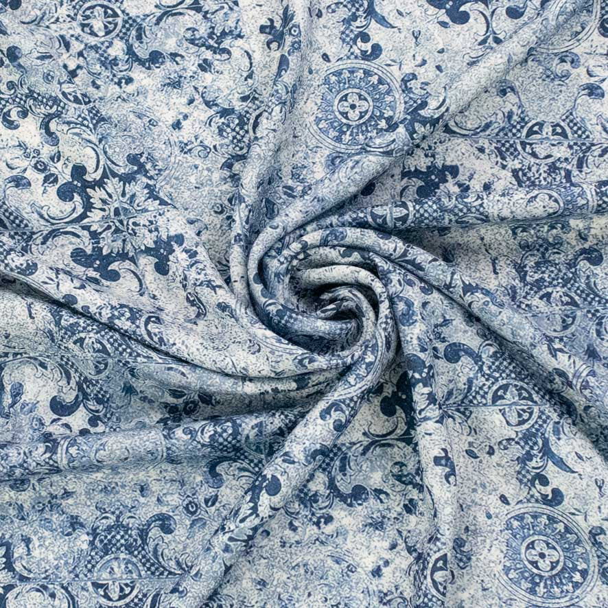 Pearl Silk Crush Digital Prints Design 7 Blue Damask