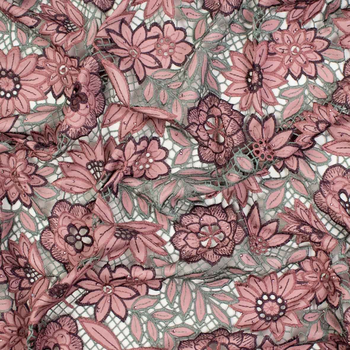 Premium Heavy Floral Embroidered Guipure Lace SS41951-Mauve & Silver with Diamanté