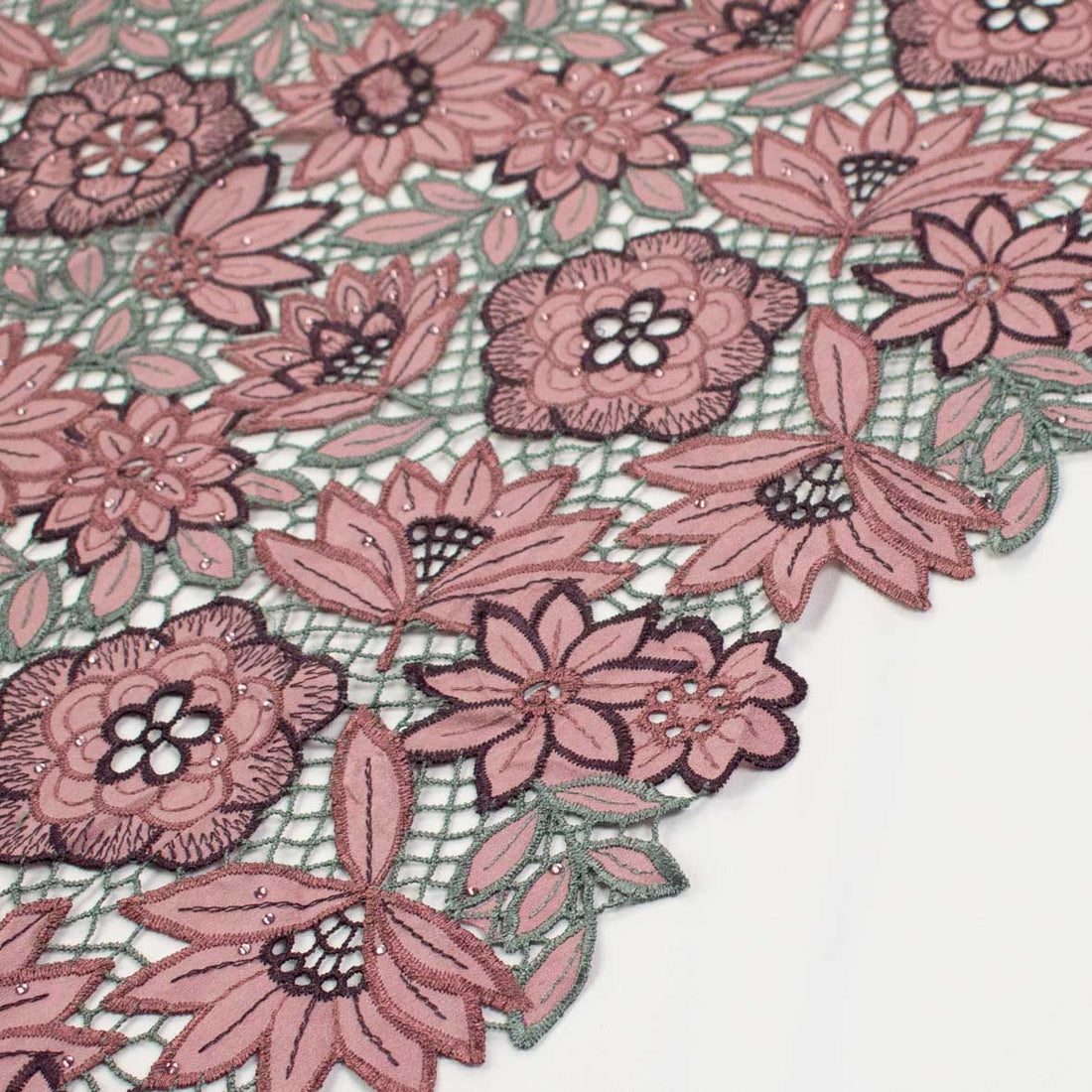 Premium Heavy Floral Embroidered Guipure Lace SS41951-Mauve & Silver with Diamanté