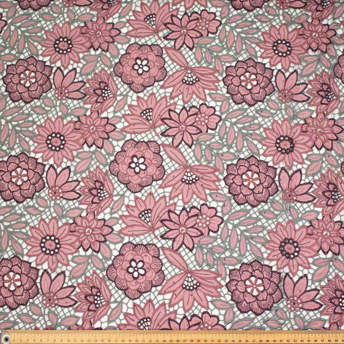 Premium Heavy Floral Embroidered Guipure Lace SS41951-Mauve & Silver with Diamanté