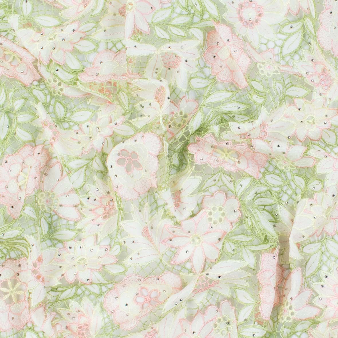 Premium Heavy Floral Embroidered Guipure Lace SS41961-Pink & Green with Diamanté