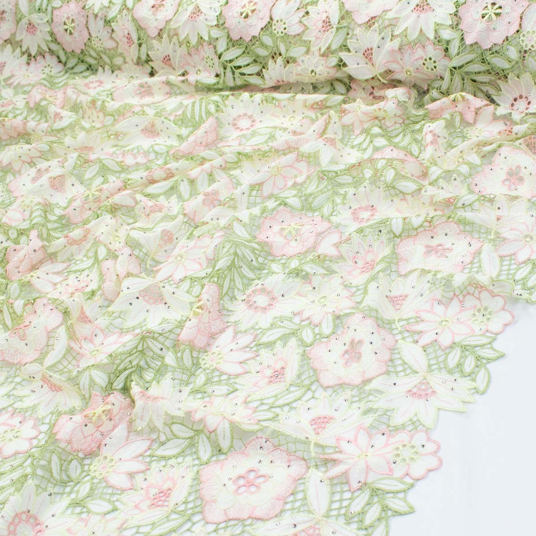 Premium Heavy Floral Embroidered Guipure Lace SS41961-Pink & Green with Diamanté