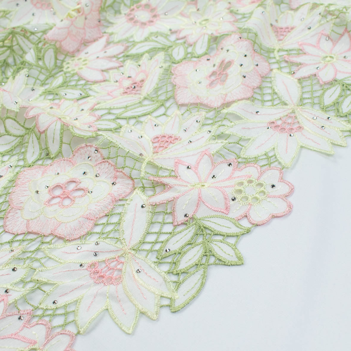 Premium Heavy Floral Embroidered Guipure Lace SS41961-Pink & Green with Diamanté