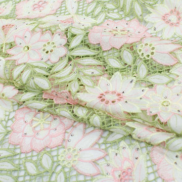 Premium Heavy Floral Embroidered Guipure Lace SS41961-Pink & Green with Diamanté