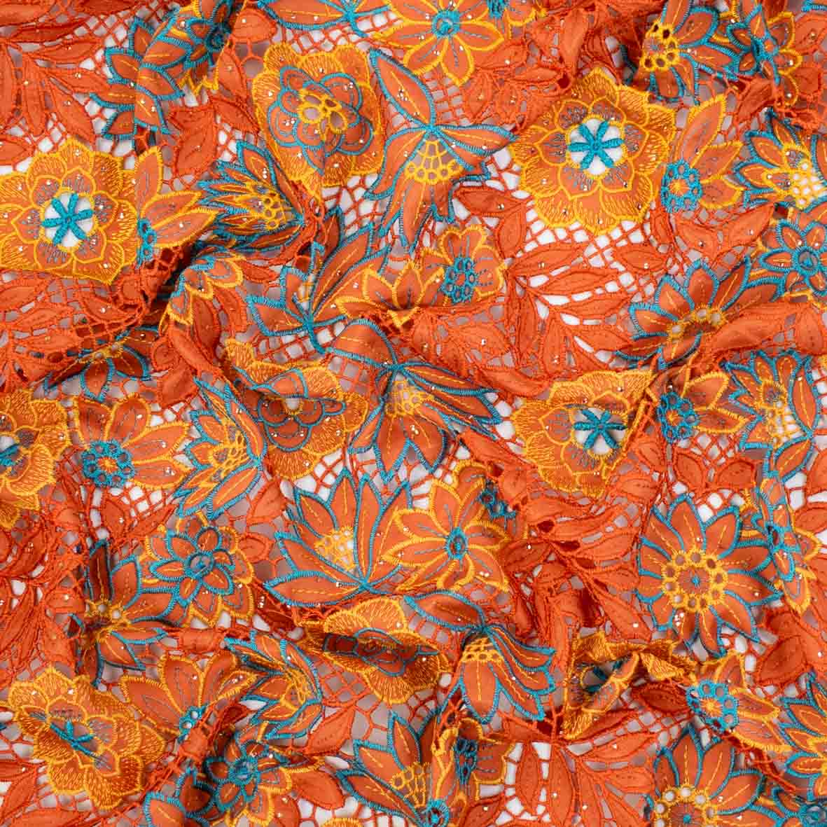 Premium Heavy Floral Embroidered Guipure Lace SS41961-Orange with Diamanté