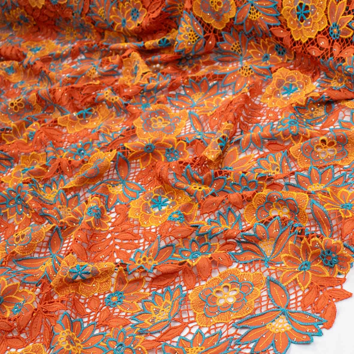 Premium Heavy Floral Embroidered Guipure Lace SS41961-Orange with Diamanté