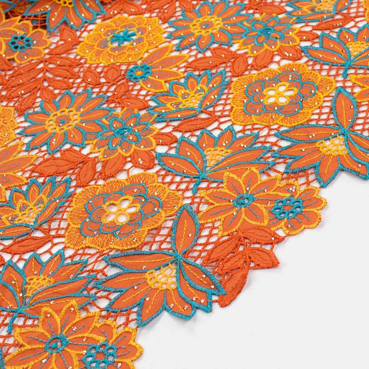 Premium Heavy Floral Embroidered Guipure Lace SS41961-Orange with Diamanté