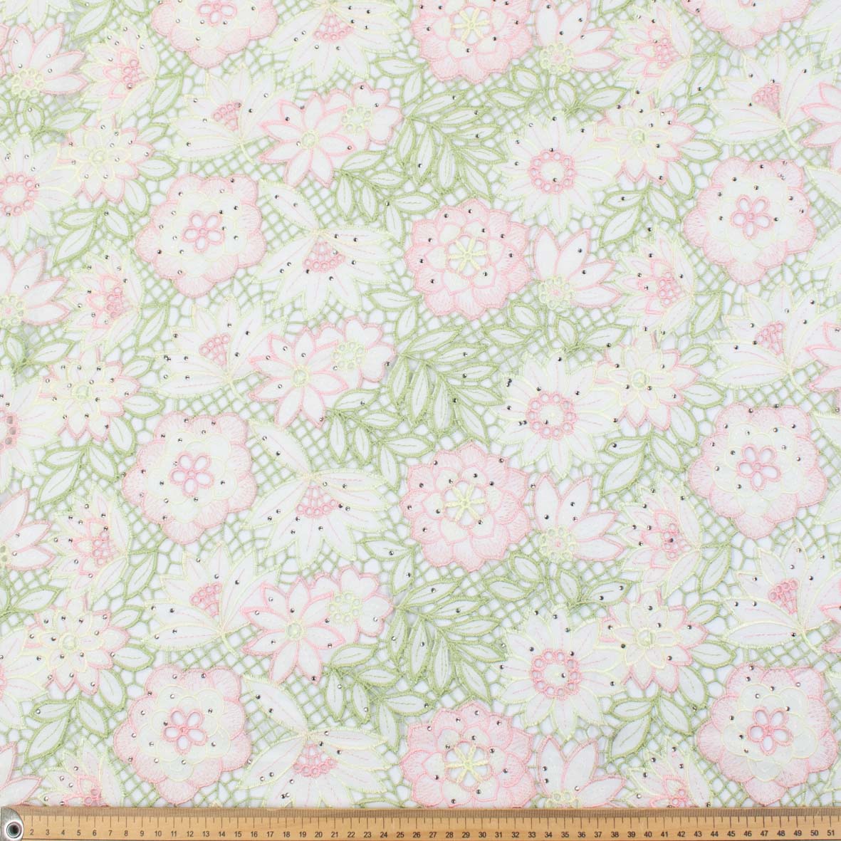 Premium Heavy Floral Embroidered Guipure Lace SS41961-Pink & Green with Diamanté