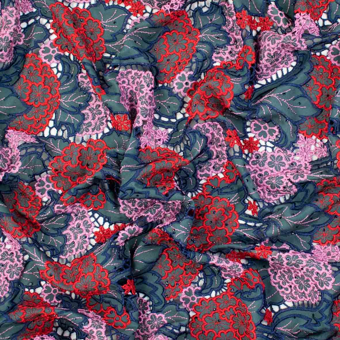 Premium Heavy Floral Embroidered Guipure Lace SS41962-Blue & Red with Diamanté