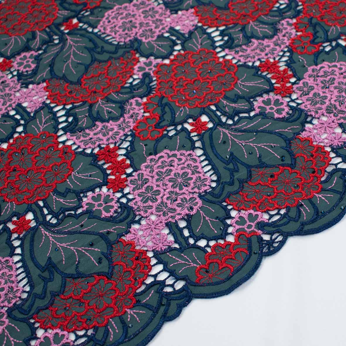 Premium Heavy Floral Embroidered Guipure Lace SS41962-Blue & Red with Diamanté