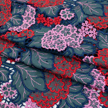 Premium Heavy Floral Embroidered Guipure Lace SS41962-Blue & Red with Diamanté