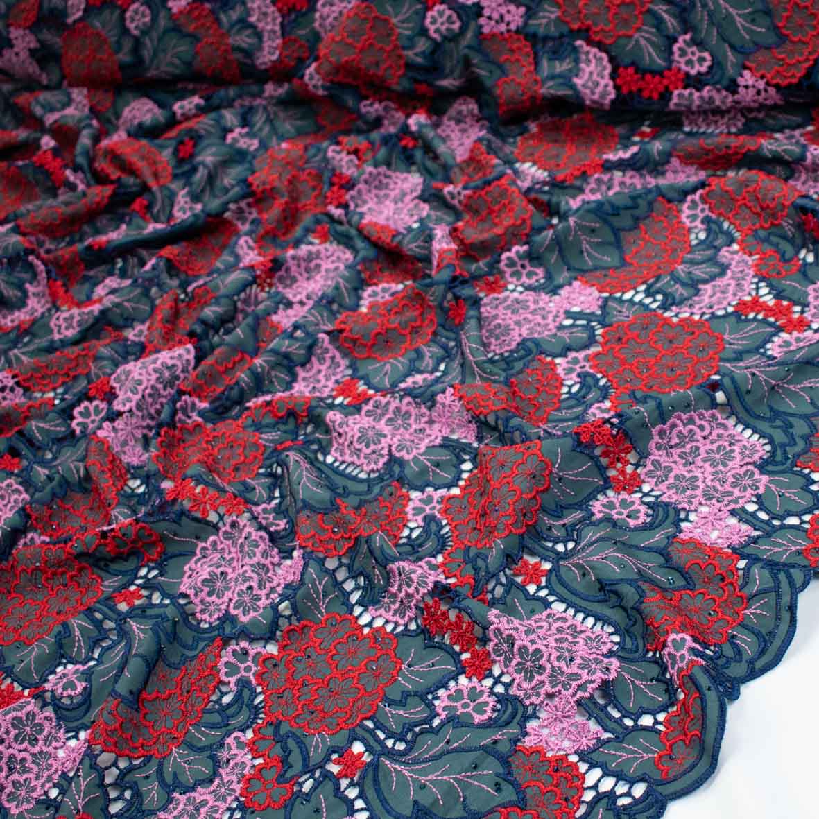 Premium Heavy Floral Embroidered Guipure Lace SS41962-Blue & Red with Diamanté