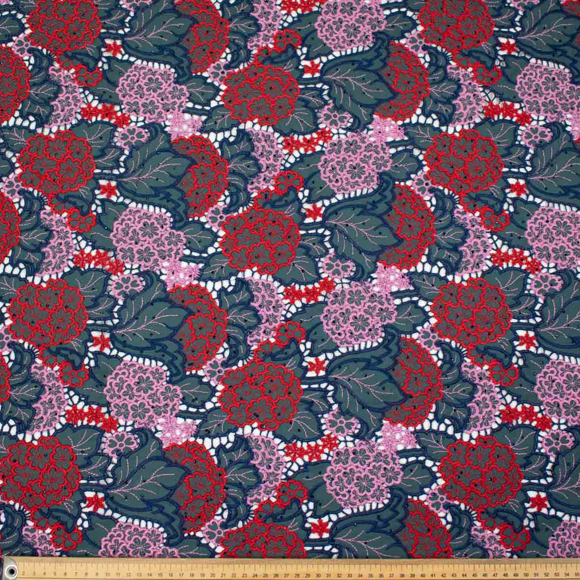 Premium Heavy Floral Embroidered Guipure Lace SS41962-Blue & Red with Diamanté