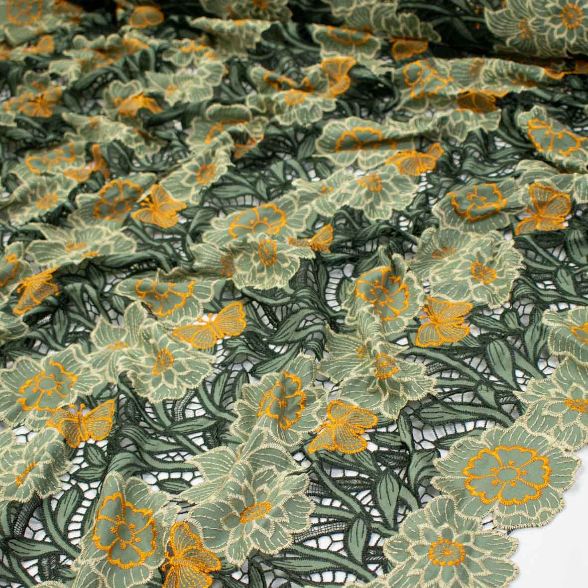 Premium Heavy Floral Embroidered Guipure Lace SS41963-Green & Yellow