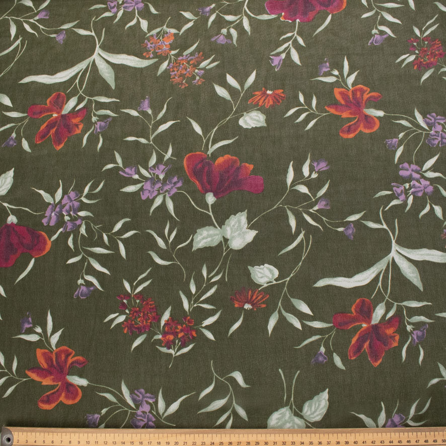 Printed Chiffon Design-235 Red Flowers & Leaves on Green