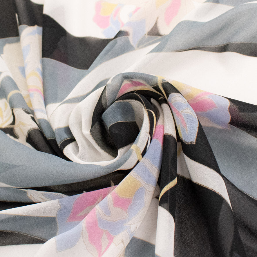 Printed Chiffon Design-246 Pink Roses on Black & White Waves