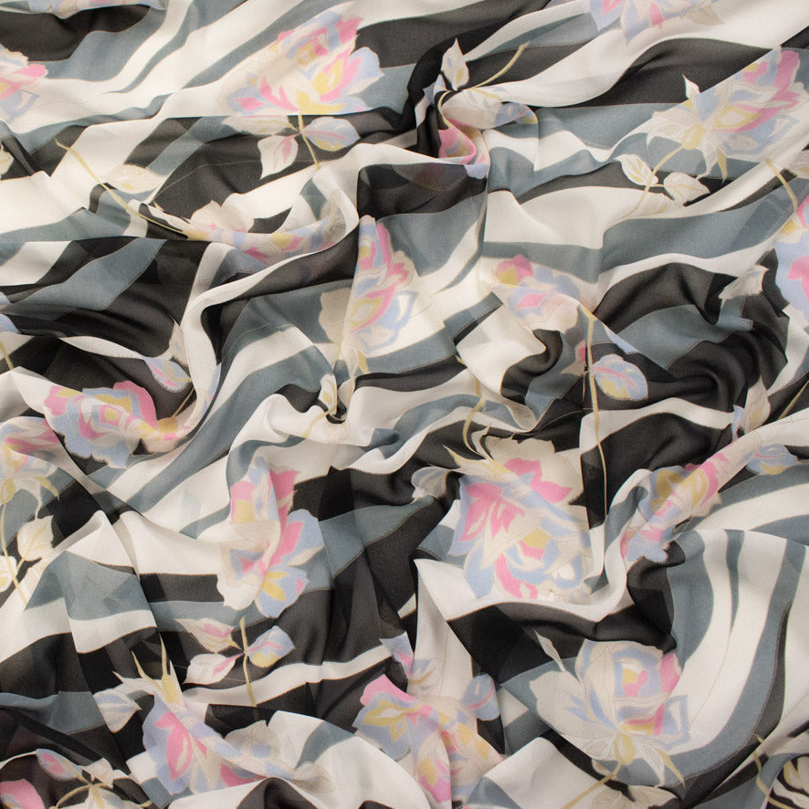 Printed Chiffon Design-246 Pink Roses on Black & White Waves
