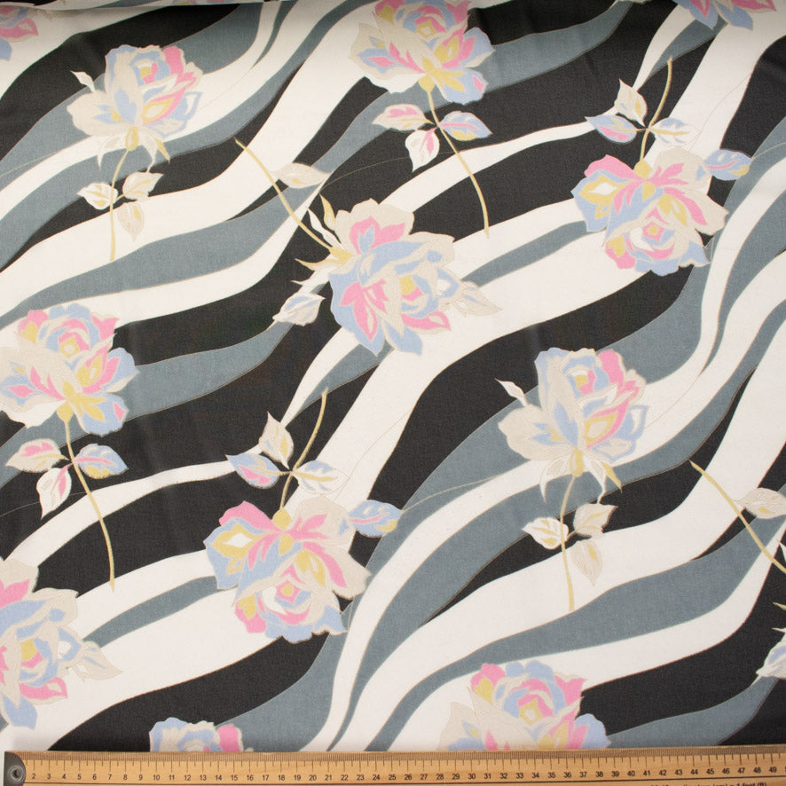 Printed Chiffon Design-246 Pink Roses on Black & White Waves