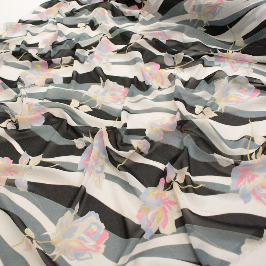 Printed Chiffon Design-246 Pink Roses on Black & White Waves
