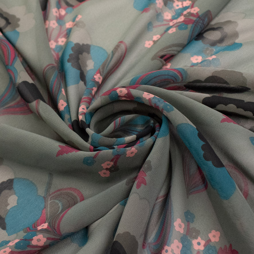 Printed Chiffon Design-249 Pink & Blue Floral on Grey