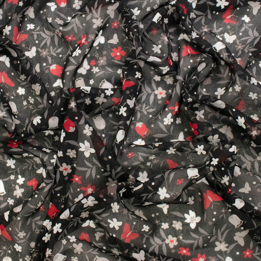 Printed Chiffon Design-250 Red Butterfly & White Flowers on Black