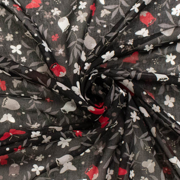 Printed Chiffon Design-250 Red Butterfly & White Flowers on Black
