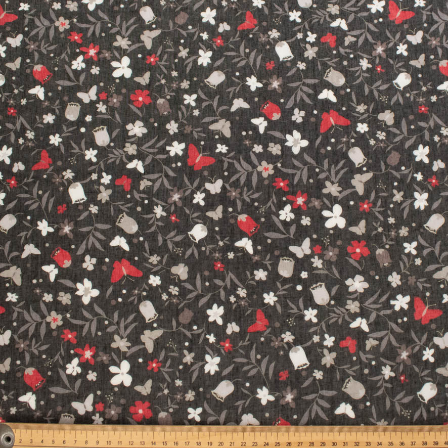 Printed Chiffon Design-250 Red Butterfly & White Flowers on Black
