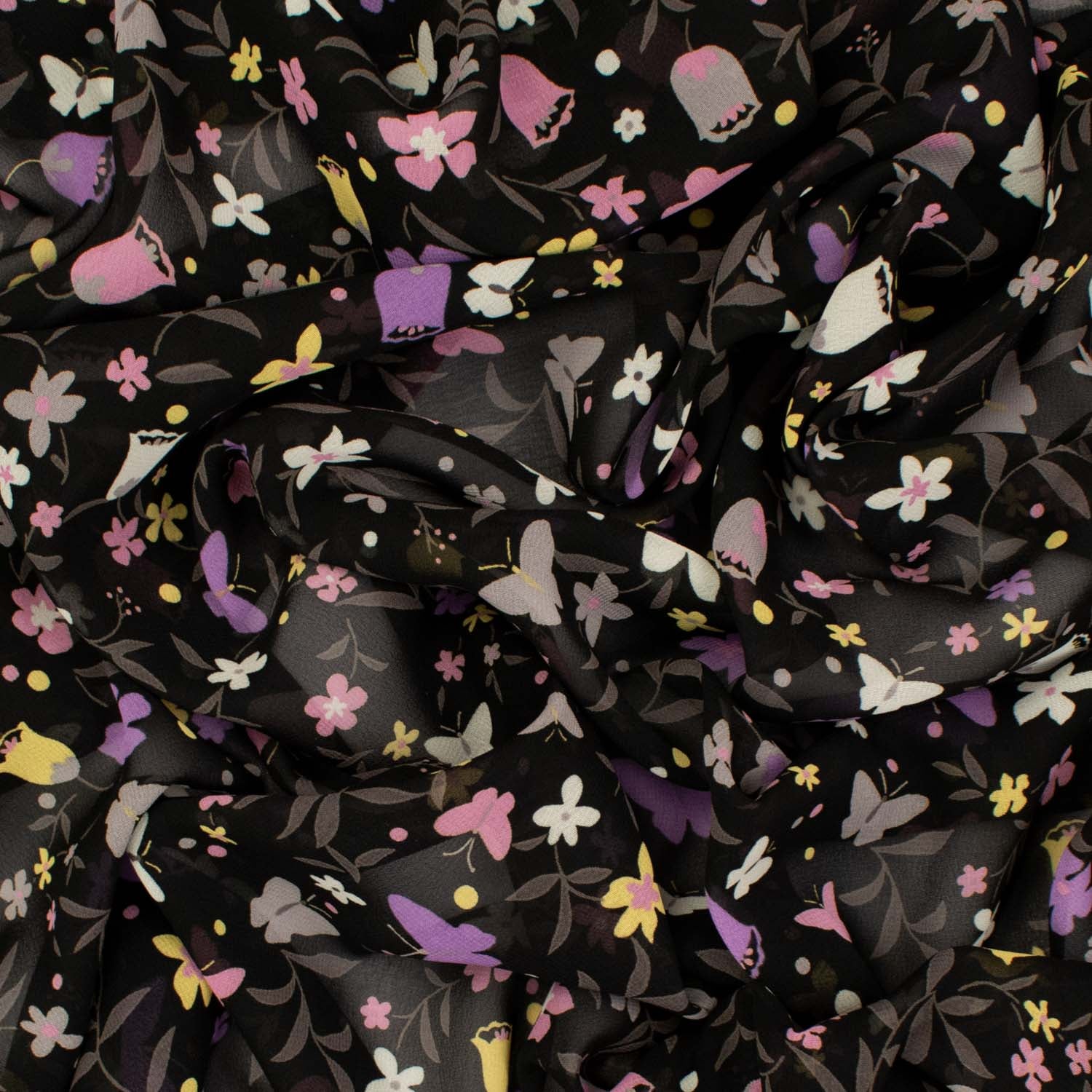 Printed Chiffon Design-6 Pink & Yellow Florals on Black