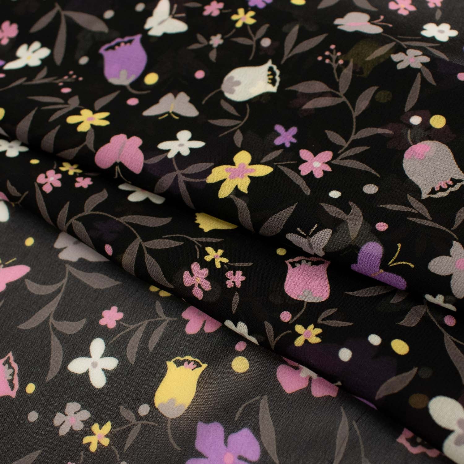 Printed Chiffon Design-6 Pink & Yellow Florals on Black