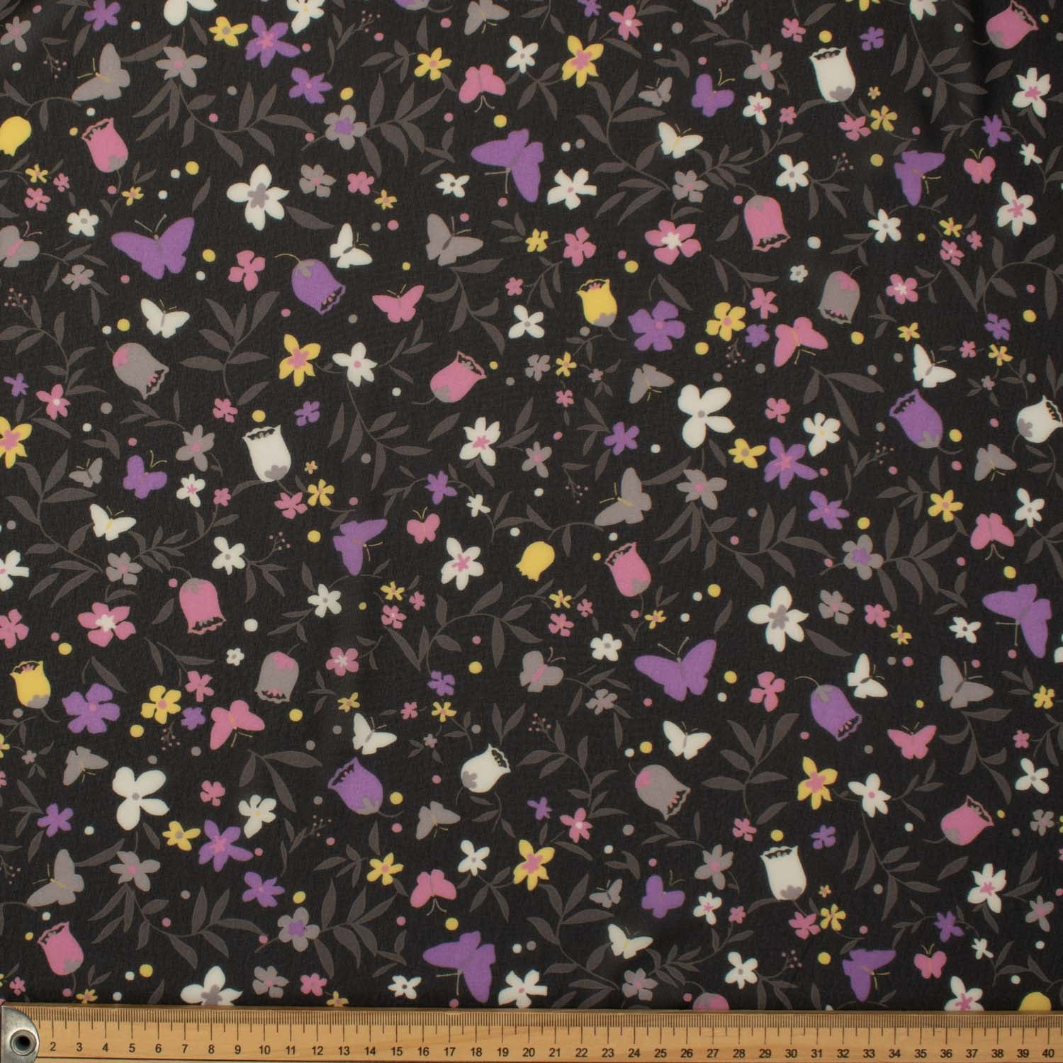 Printed Chiffon Design-6 Pink & Yellow Florals on Black