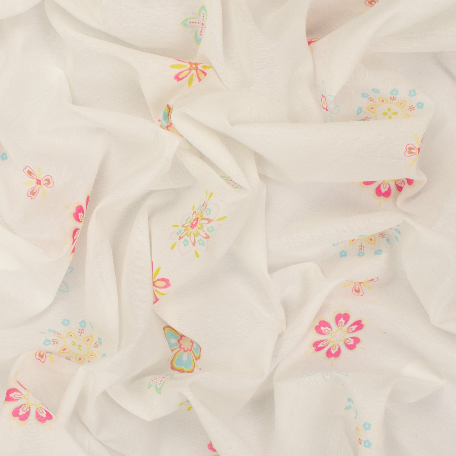 Printed Chiffon Design-15 Pink & Blue Floral Stripes on White