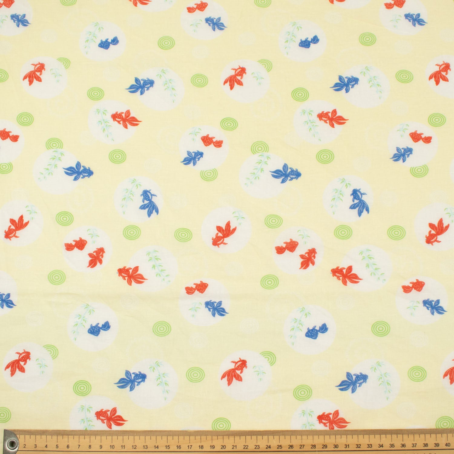 Printed Cotton Voile Design-80 Blue & Red Goldfish on Pale Yellow