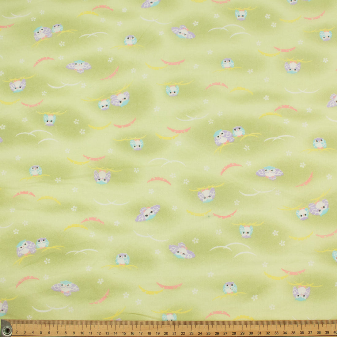 Printed Cotton Voile Design-76 Purple & Blue Owls on Green