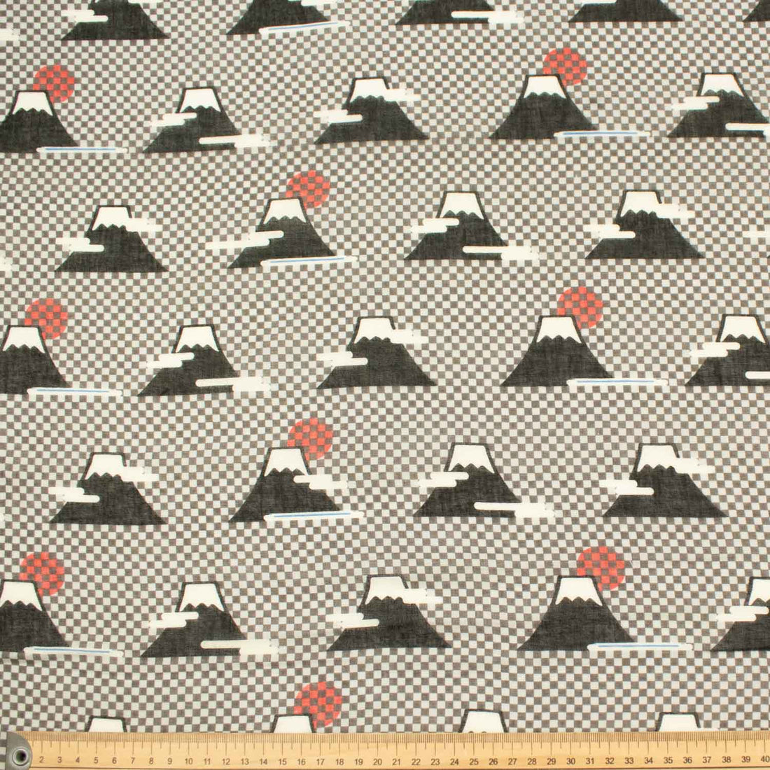 Printed Cotton Voile Design-86 Fuji Mountain on Black & Grey Checks